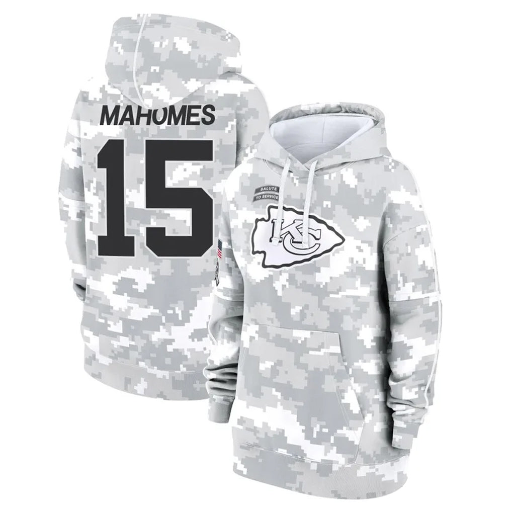 KC.Chiefs #15 Patrick Mahomes Player Arctic Camo Salute to Service Hoodies Football Jerseys football jersey product view 1