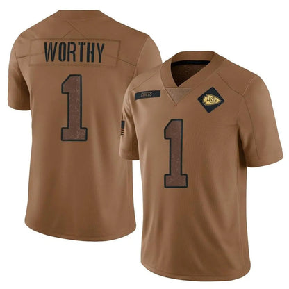 KC.Chiefs #1 Xavier Worthy Player Brown Salute To Service Limited Football Jerseys football jersey product view 1