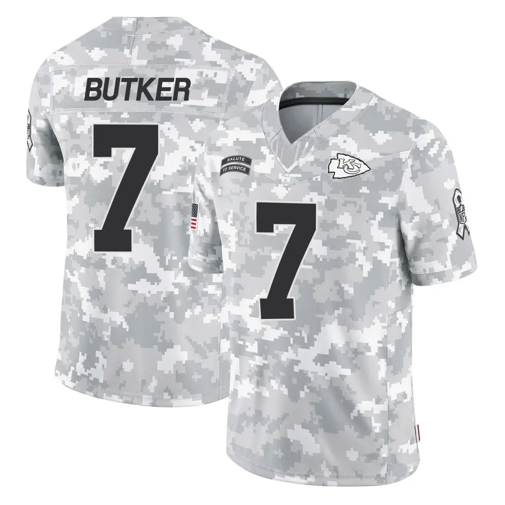 KC.Chiefs #7 Harrison Butker Player Limited Arctic Camo Salute to Service Football Jerseys football jersey product view 1