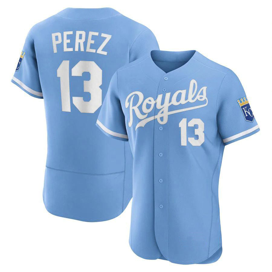 KC.Royals #13 Salvador P¡§|rez Player Light Blue Authentic Elite Baseball Jerseys baseball jersey product view 1