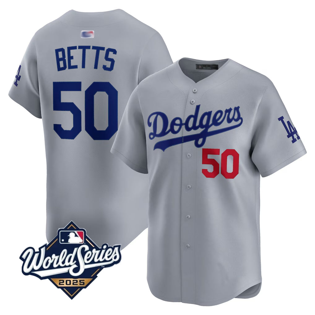LA.Dodgers #50 Mookie Betts Player 2025 World Series Gray Home Game Baseball Jerseys baseball jersey product view 1