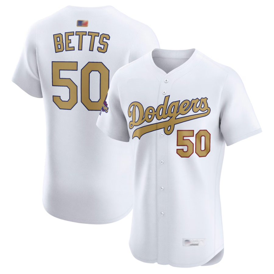 LA.Dodgers #50 Mookie Betts Player White Gold Collection Elite Baseball Jerseys baseball jersey product view 1