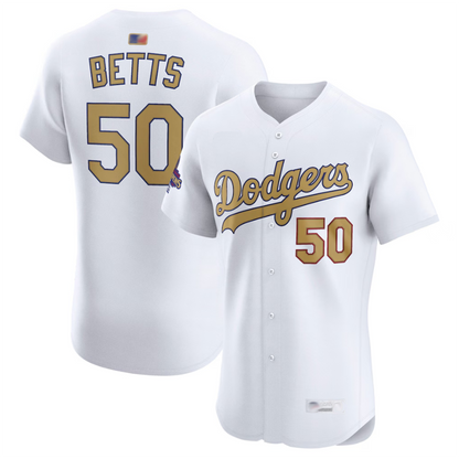 LA.Dodgers #50 Mookie Betts Player White Gold Collection Elite Baseball Jerseys baseball jersey product view 1