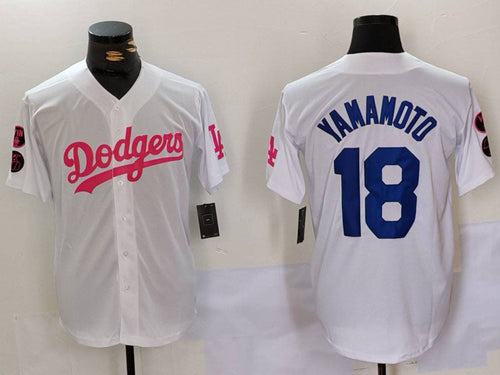 LA.Dodgers #18 Yoshinobu Yamamoto White Pink Player Stitched Baseball Jerseys baseball jersey product view 1