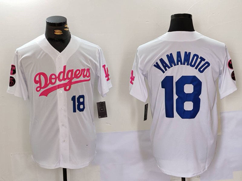 LA.Dodgers #18 Yoshinobu Yamamoto Player White Pink Vin & Kobe Patch Stitched Baseball Jersey baseball jersey product view 1