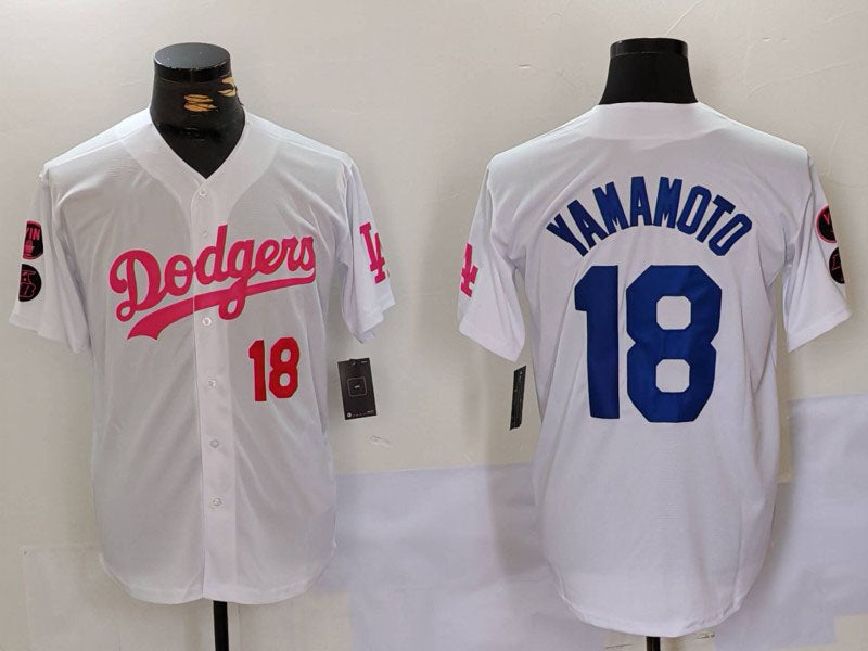 LA.Dodgers #18 Yoshinobu Yamamoto White Pink Stitched Baseball Jerseys Player Jersey baseball jersey product view 1