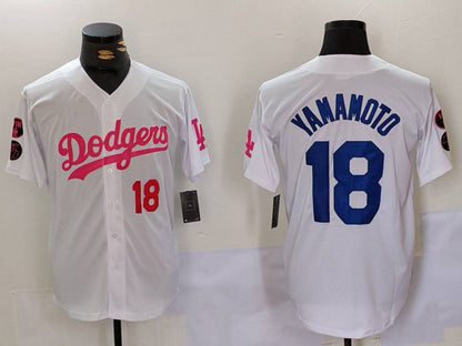 LA.Dodgers #18 Yoshinobu Yamamoto White Pink Stitched Baseball Jerseys Player Jersey baseball jersey product view 1
