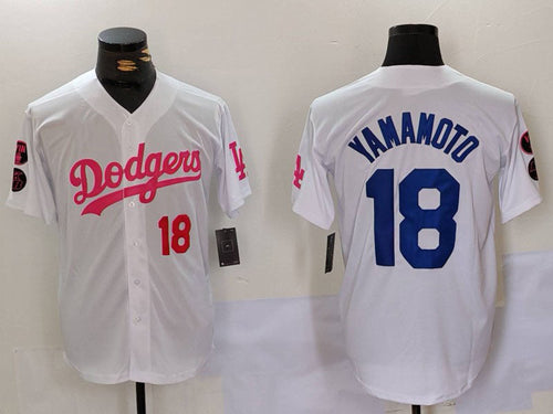 LA.Dodgers #18 Yoshinobu Yamamoto White Pink Stitched Baseball Jerseys Player Jersey baseball jersey product view 1