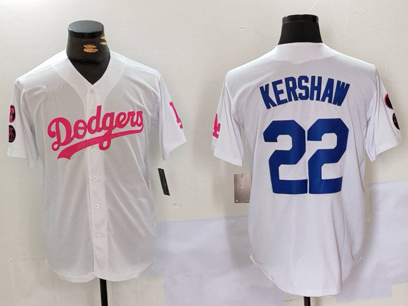 LA.Dodgers #22 Clayton Kershaw Player White Pink Vin & Kobe Patch Stitched Baseball Jerseys baseball jersey product view 1