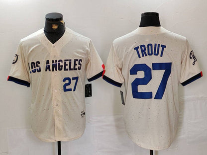 LA.Dodgers #27 Mike Trout Cream Limited Stitched Baseball Jerseys Player Game Jersey baseball jersey product view 1