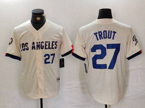 LA.Dodgers #27 Mike Trout Cream Limited Stitched Baseball Jerseys Player Game Jersey baseball jersey product view 1