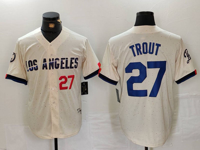 LA.Dodgers #27 Mike Trout Limited Stitched Baseball Jerseys Cream Game Player Jersey baseball jersey product view 1