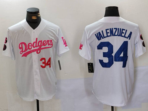LA.Dodgers #34 Fernando Valenzuela Player White Pink Vin & Kobe Patch Stitched Baseball Jerseys baseball jersey product view 1