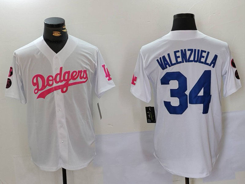 LA.Dodgers #34 Fernando Valenzuela White Pink Stitched Baseball Jerseys Player Jersey baseball jersey product view 1