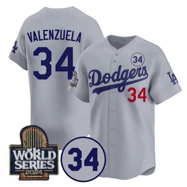 LA.Dodgers #34 Toro Valenzuela Player Gray 2024 World Series With No. 34 Patch Limited Stitched Baseball Jerseys baseball jersey product view 1