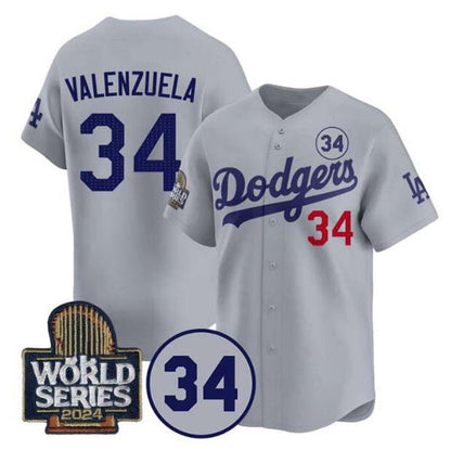 LA.Dodgers #34 Toro Valenzuela Player Gray 2024 World Series With No. 34 Patch Limited Stitched Baseball Jerseys baseball jersey product view 1