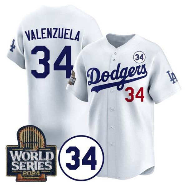 LA.Dodgers #34 Toro Valenzuela Player White 2024 World Series With No. 34 Patch Limited Stitched Baseball Jerseys baseball jersey product view 1
