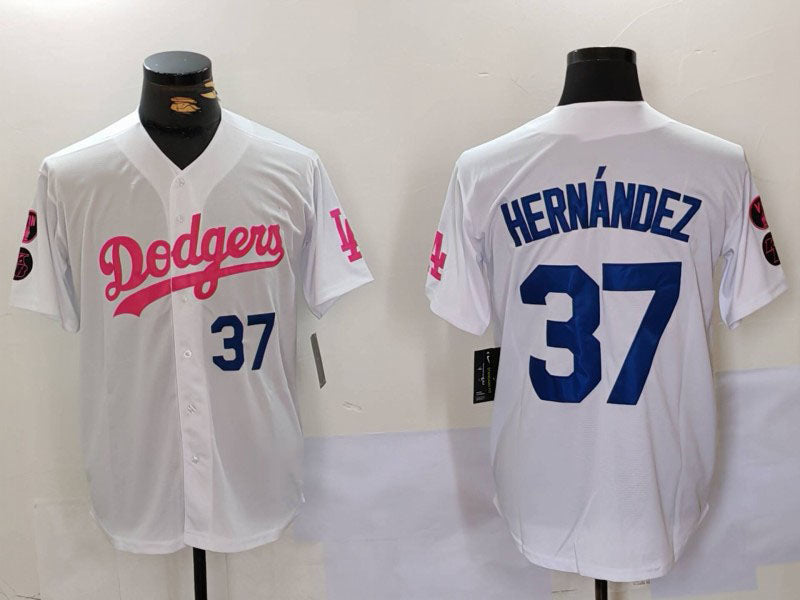 LA.Dodgers #37 Teoscar Hern¡§¡éndez White Pink Stitched Baseball Jerseys Player Game Jersey baseball jersey product view 1