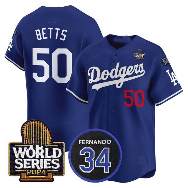 LA.Dodgers #50 Mookie Betts Player Royal World Series With Fernando Memorial Patch Limited Stitched Baseball Jerseys baseball jersey product view 1