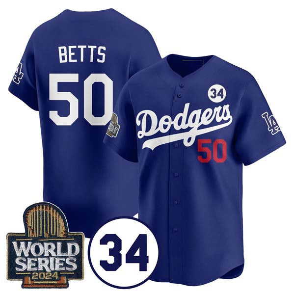 LA.Dodgers #50 Mookie Betts Player Royal World Series With No. 34 Patch Cool Base Stitched Baseball Jerseys baseball jersey product view 1