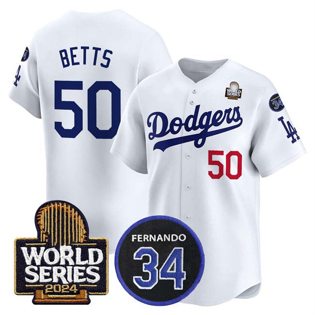 LA.Dodgers #50 Mookie Betts Player White World Series With Fernando Memorial Patch Limited Stitched Baseball Jerseys baseball jersey product view 1
