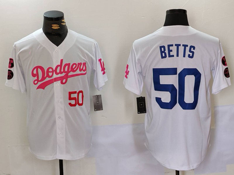 LA.Dodgers #50 Mookie Betts White Pink Stitched Baseball Jerseys Player Jersey baseball jersey product view 1