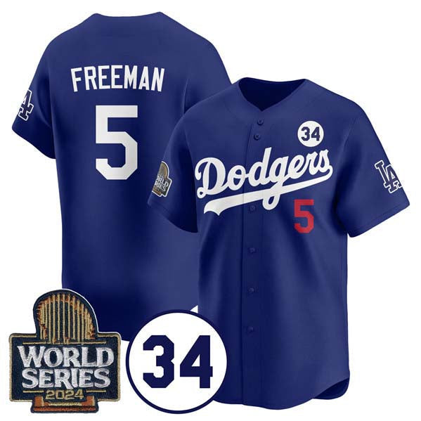 LA.Dodgers #5 Freddie Freeman Player Royal World Series With No. 34 Patch Cool Base Stitched Baseball Jersey baseball jersey product view 1