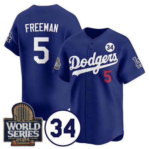 LA.Dodgers #5 Freddie Freeman Player Royal World Series With No. 34 Patch Cool Base Stitched Baseball Jersey baseball jersey product view 1
