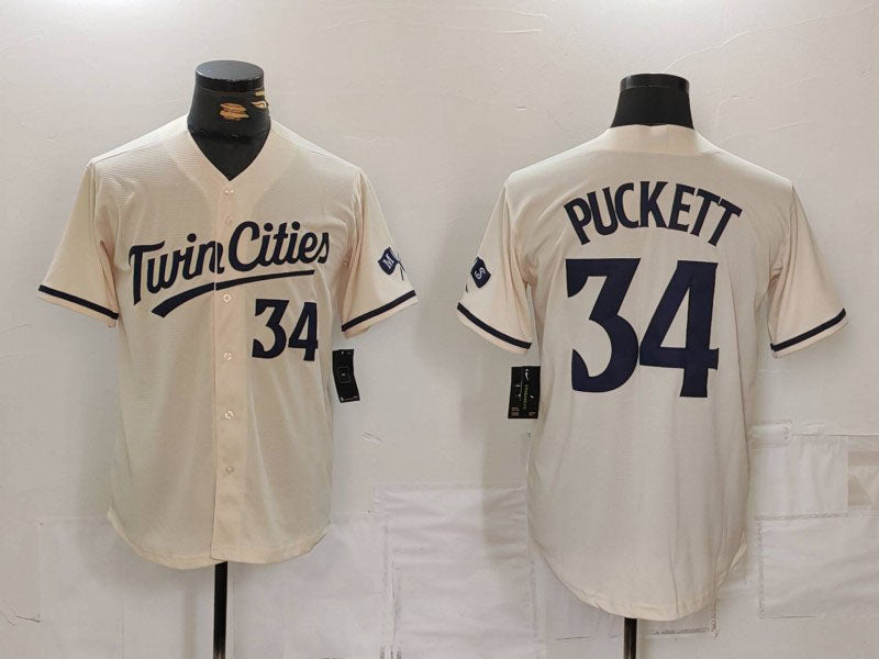 M.Twins #34 Kirby Puckett Player Jersey Cream Cool Base Stitched Baseball Jerseys baseball jersey product view 1