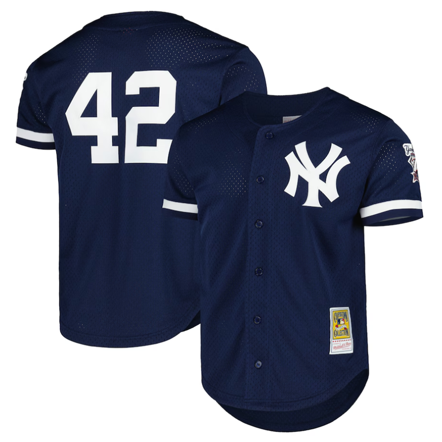 NY.Yankees #42 Mariano Rivera Navy Cooperstown Collection Mesh Batting Practice Button-Up Baseball Jerseys baseball jersey product view 1