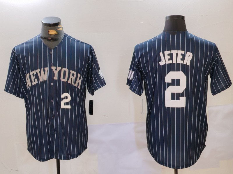 NY.Yankees #2 Derek Jeter Navy Pinstripe Fashion Cool Base Baseball Jerseys Player Game Jersey baseball jersey product view 1