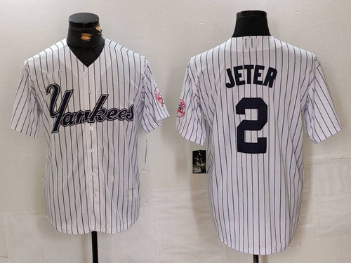 NY.Yankees #2 Derek Jeter Player White Pinstripe Fashion Cool Base Baseball Jerseys baseball jersey product view 1
