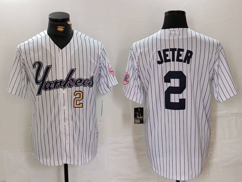 NY.Yankees #2 Derek Jeter White Pinstripe Fashion Cool Base Baseball Jerseys Player Jersey baseball jersey product view 1