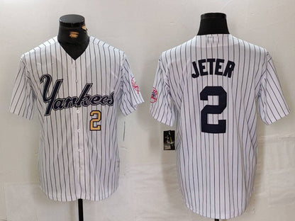 NY.Yankees #2 Derek Jeter White Pinstripe Fashion Cool Base Baseball Jerseys Player Jersey baseball jersey product view 1