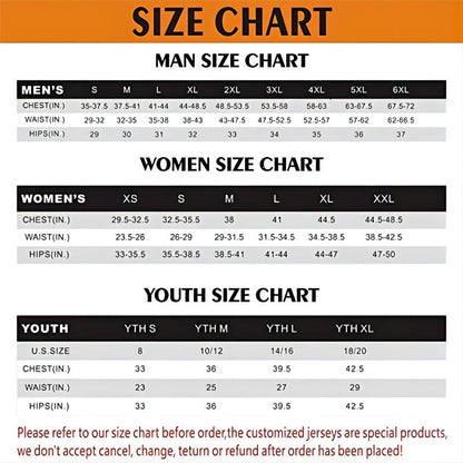 Baseball and basketball jersey size chart