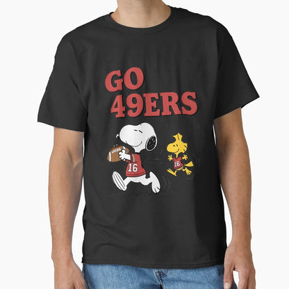 Go 49Ers Snoopy And Woodstock Football T-Shirt - Novelty Apparel for Adults - T-Shirt, Sweatshirt, Hoodie