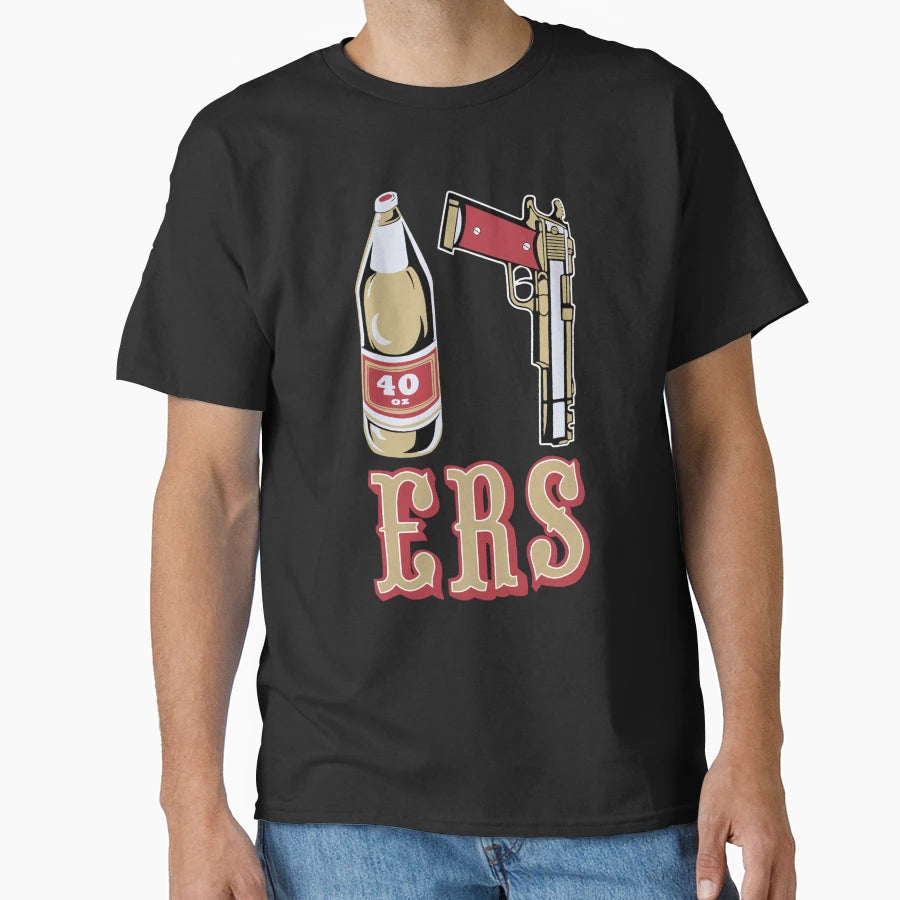 Mens Black 49Ers 40 Oz 9Mm Gold Gun T-Shirt - Fun Novelty Design Men Women - T-Shirt, Sweatshirt, Hoodie