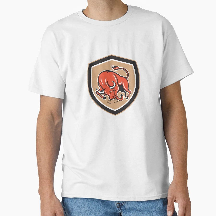 Angry Bull Charging Shield Cartoon T-Shirt - Fun Novelty Design Men Women - T-Shirt, Sweatshirt, Hoodie