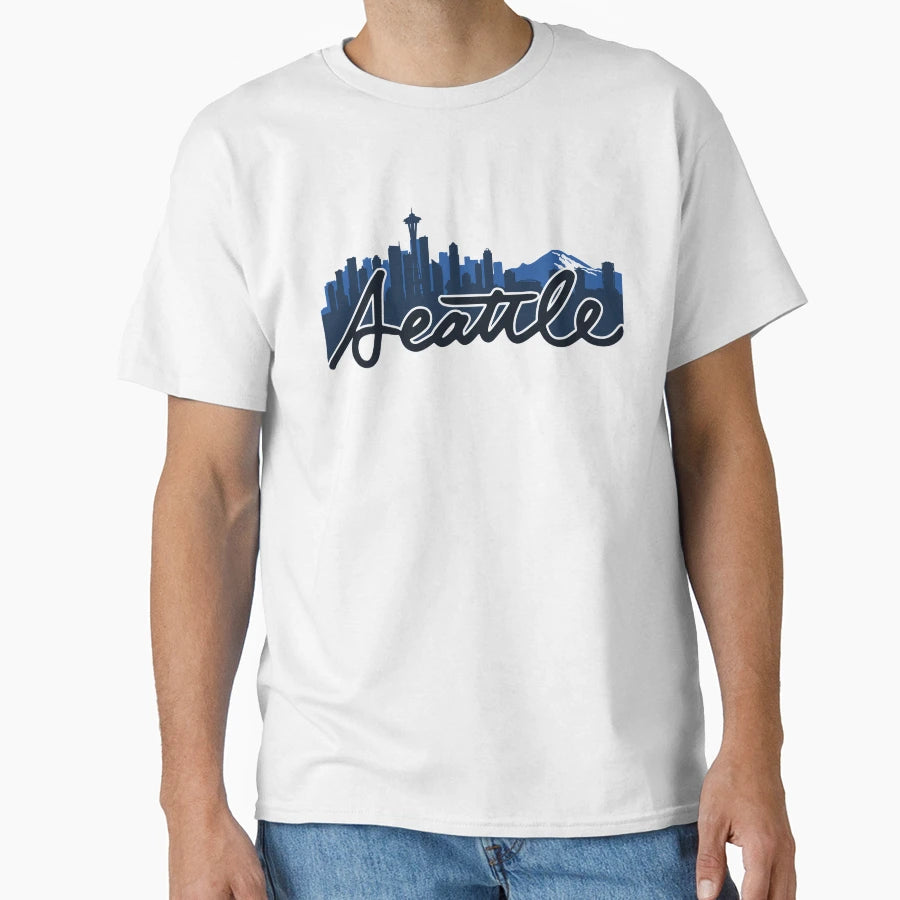 Seattle Skyline Cursive Blue T-Shirt - Casual Everyday Wear Unisex - T-Shirt, Sweatshirt, Hoodie