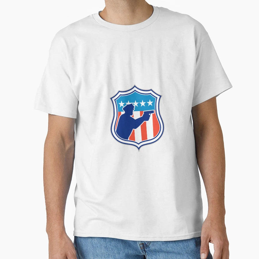 Policeman Silhouette Gun Flag Shield T-Shirt - Graphic Print Men Women - T-Shirt, Sweatshirt, Hoodie