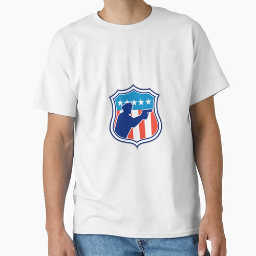 Policeman Silhouette Gun Flag Shield T-Shirt - Graphic Print Men Women - T-Shirt, Sweatshirt, Hoodie