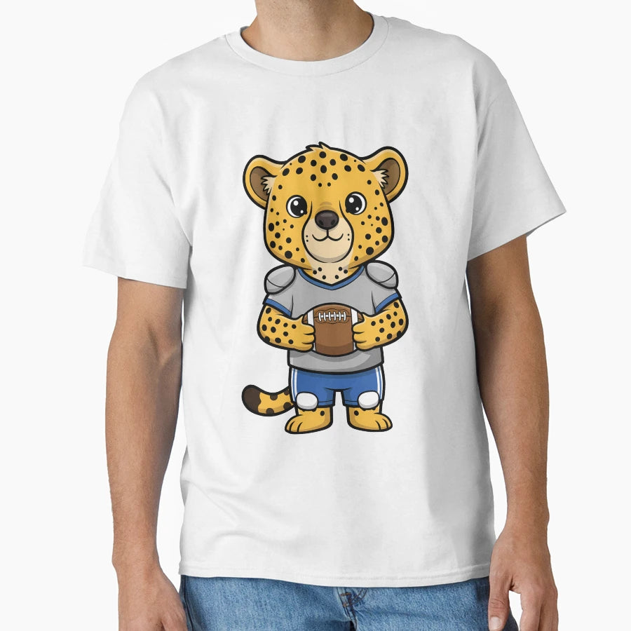 Cheetah Football Player Cartoon T-Shirt - Casual Everyday Wear for Adults - T-Shirt, Sweatshirt, Hoodie