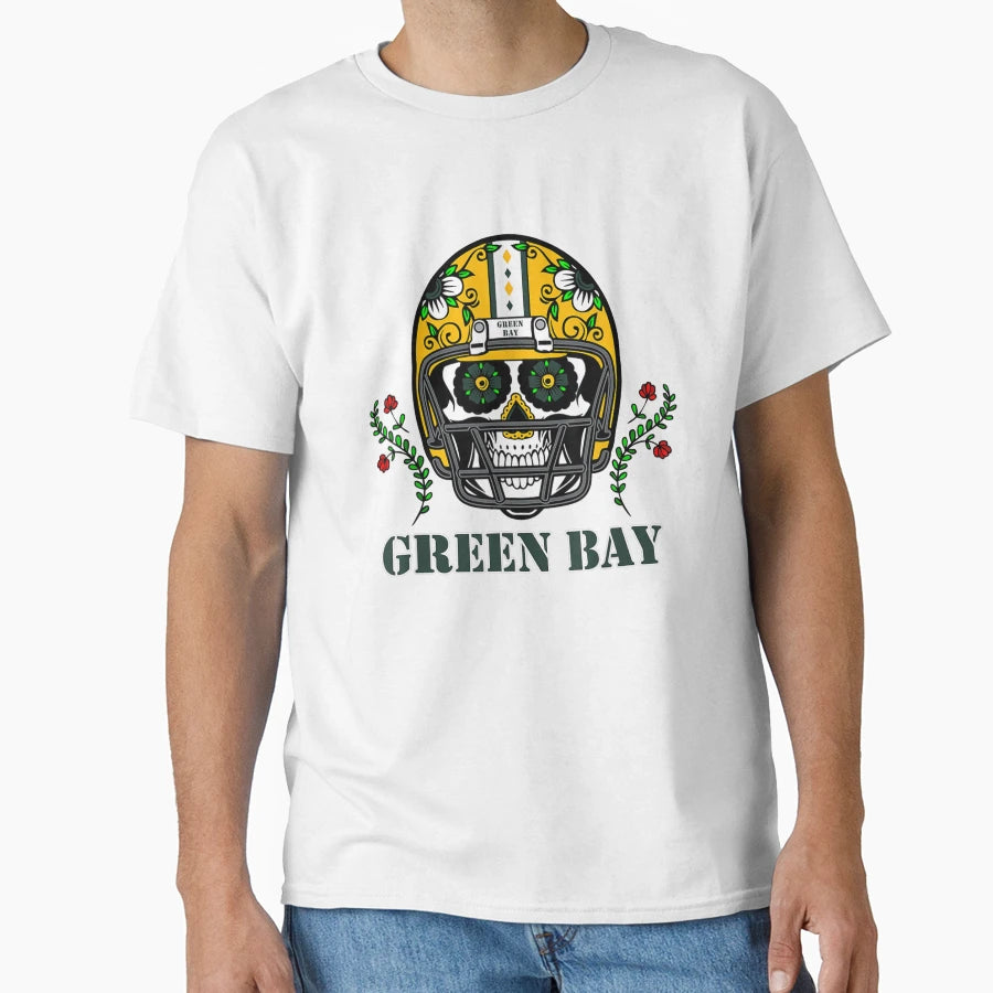 Green Bay Football Helmet Sugar Skull Day T-Shirt - Unique Graphic Unisex - T-Shirt, Sweatshirt, Hoodie