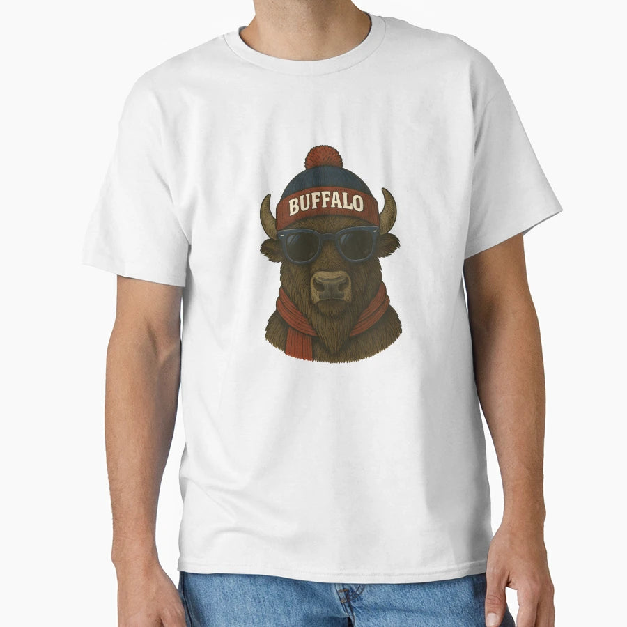 Buffalo Bison Beanie Scarf Sunglasses T-Shirt - Minimalist Print Unisex - T-Shirt, Sweatshirt, Hoodie