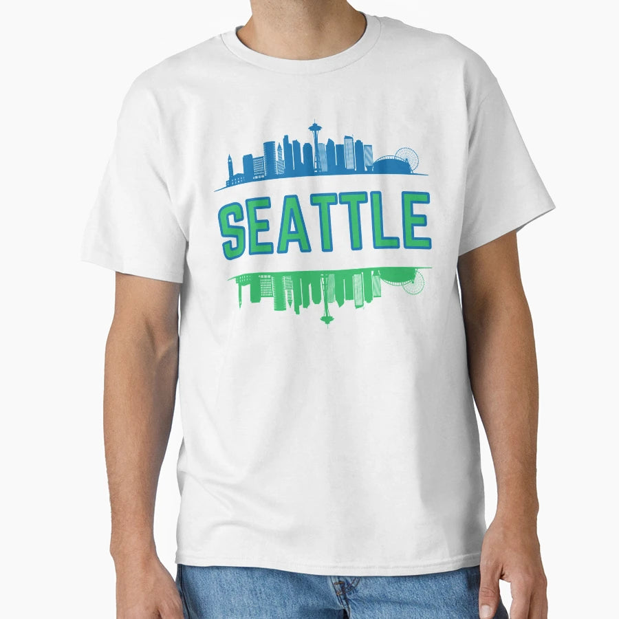 Blue And Green Seattle Skyline T-Shirt - Fun Novelty Design Men Women - T-Shirt, Sweatshirt, Hoodie