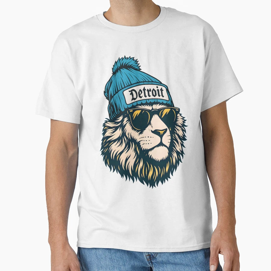Hipster Lion Sunglasses And Detroit T-Shirt - Casual Everyday Wear Unisex - T-Shirt, Sweatshirt, Hoodie