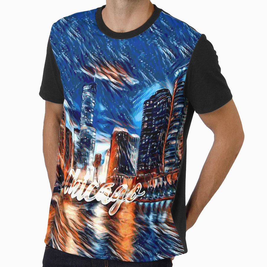City Abstract Painting Chicago Night Skyline T-Shirt - Graphic Print Unisex - T-Shirt, Sweatshirt, Hoodie