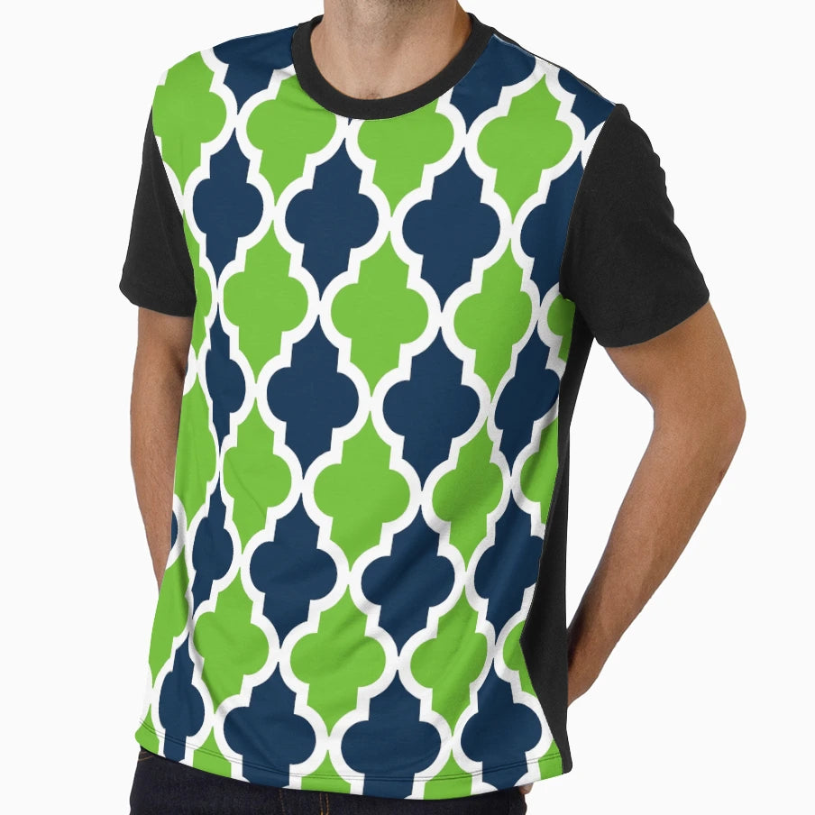 Navy Blue Green Moroccan Quatrefoil T-Shirt - Aesthetic Graphic Unisex - T-Shirt, Sweatshirt, Hoodie