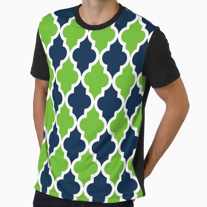 Navy Blue Green Moroccan Quatrefoil T-Shirt - Aesthetic Graphic Unisex - T-Shirt, Sweatshirt, Hoodie