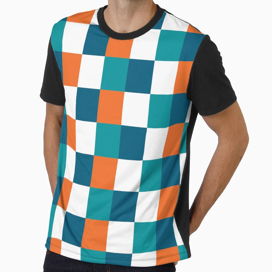 Miami Checkered Pattern Aqua Orange T-Shirt - Unique Graphic Men Women - T-Shirt, Sweatshirt, Hoodie